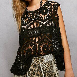 POL Openwork Round Neck Floral Crochet Tank
